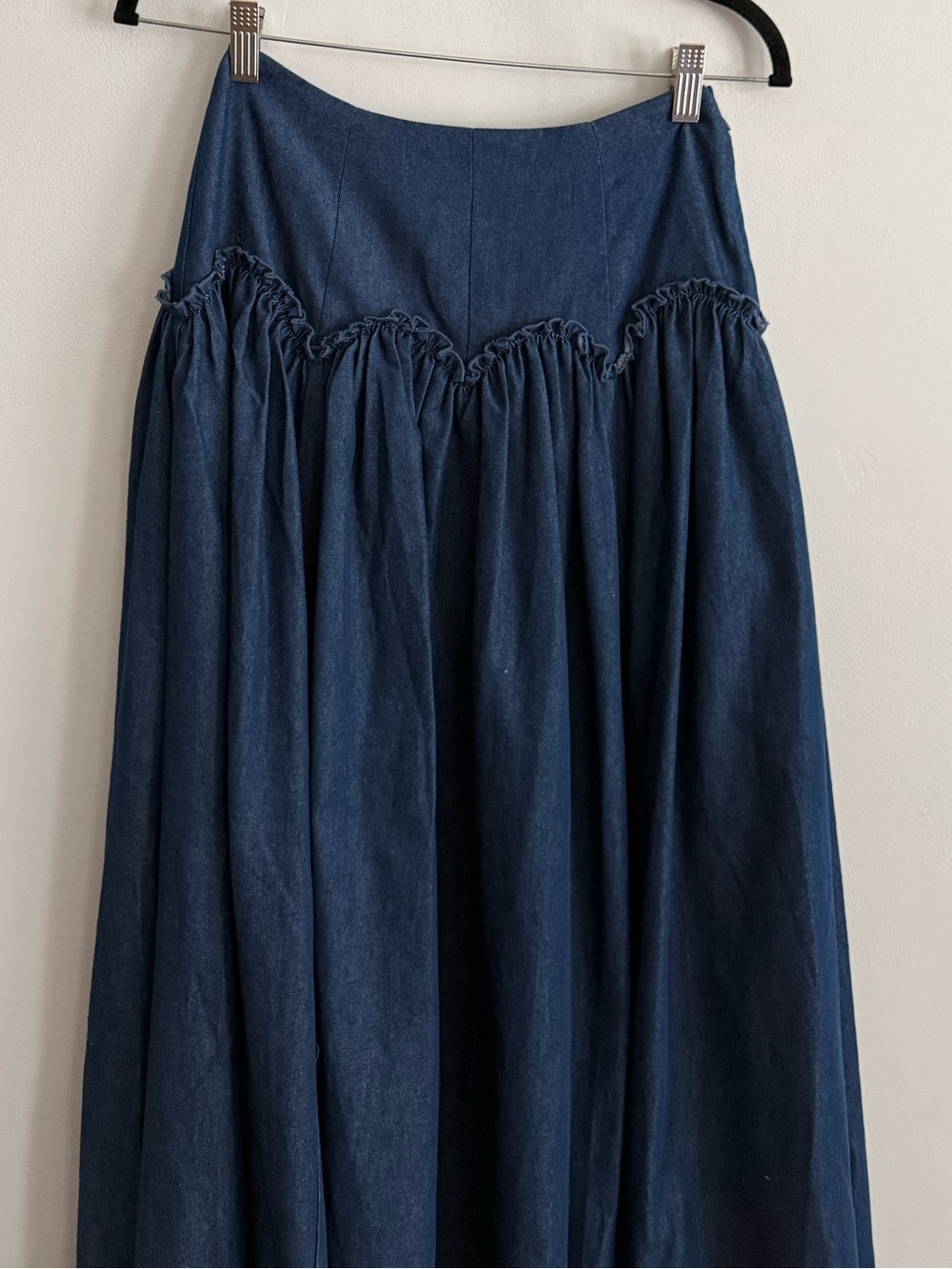 Mare Mare Chambray Ruffle Yoke Midi Skirt Blue Cotton Blend XS - Picture 2 of 6